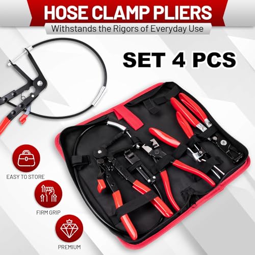4PCS Hose Clamp Pliers Kit, Long Reach Wire Spring Plier, Hose Remover and Flat Band Pliers for Water Hose and Automotive Radiator Heater, Fuel, Coolant, Oil Removal with Bag