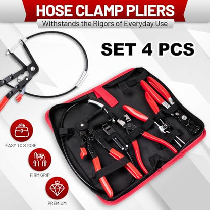 4PCS Hose Clamp Pliers Kit, Long Reach Wire Spring Plier, Hose Remover and Flat Band Pliers for Water Hose and Automotive Radiator Heater, Fuel, Coolant, Oil Removal with Bag