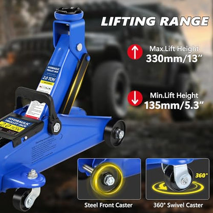2 Ton (4000 lbs) Capacity Floor Jack Low Profile Garage Hydraulic Trolley Service Lift Floor Jack Combo with Ratchet 3 Ton Jack Stands for SUV, Car and Truck, Blue - color: 2Ton with Jack stands+Tire repair kit Blue