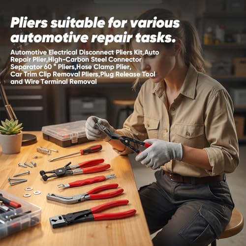 5PCS Automotive Electrical Disconnect Pliers Kit, Auto Repair Tool Set with 60° Angled Connector Separator, Hose Clamp Pliers, Trim Clip Removal Tool, Plug Release and Wire Terminal Remover - color: B