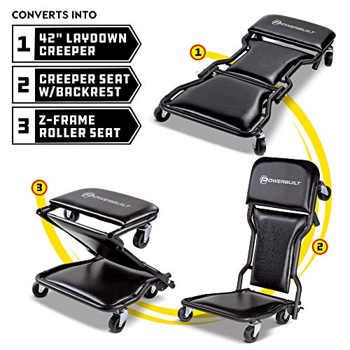Powerbuilt 42-Inch Triplex Folding Creeper, Rolling Seat, and Brake Stool, All-in-One Adjustable Roller Garage Chair, Lay Down or Sit, Black 620469 - style: 3-in-1