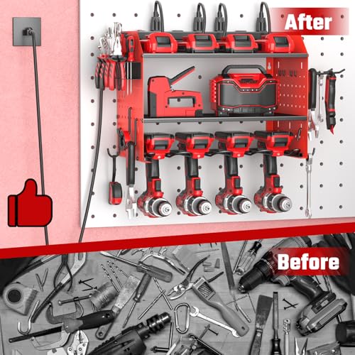 ZESEN Power Tool Organizer with Charging Station, Heavy Duty 3 Layer Drill Holder Wall Mount Garage Shelf Rack with 6 Outlet Power Strip, Tool Shelf with Hooks, Drill Bit Rack for Garage, Red - color: Red
