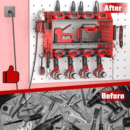 ZESEN Power Tool Organizer with Charging Station, Heavy Duty 3 Layer Drill Holder Wall Mount Garage Shelf Rack with 6 Outlet Power Strip, Tool Shelf with Hooks, Drill Bit Rack for Garage, Red - color: Red