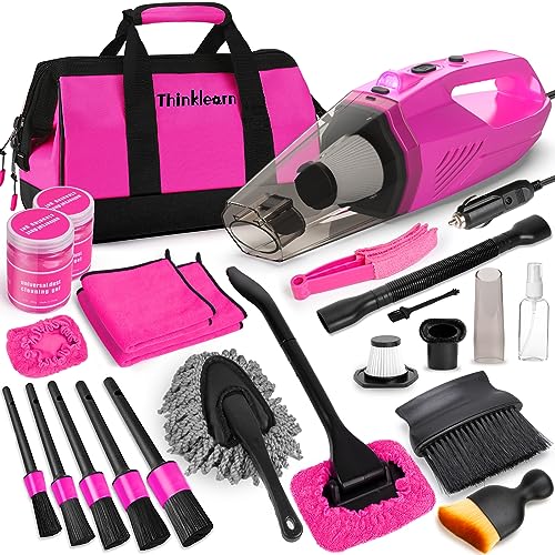 ThinkLearn Car Cleaning Kit, Car Corded Vacuum Detailing Kit Interior with High Power Handheld Vacuum, Including 7Pcs Detailing Brush Set, Windshield Cleaner, Pink Car Accessories for Women