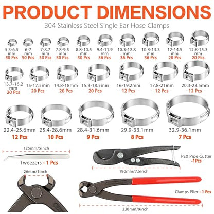560PCS 22-Sizes Stepless Single Ear Hose Clamp Kit with Pliers, 5.3-36.1mm (~1/4"-1-3/8") 304 Stainless Steel Leak-Proof Clamps, for Automotive Fuel Line, CV Boot, PEX Pipe, HVAC & Marine - size: 560PCS