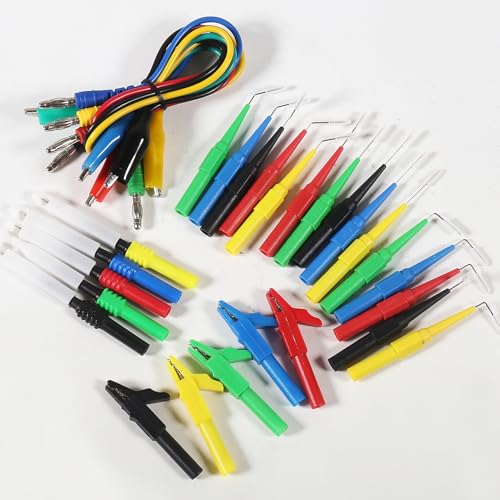 30Pcs Back Probe Kits, Banana Plug to Copper Alligator Clip Automotive Test Leads Set with Alligator Clips Wire Piercing Probes, 15PCS Back Probe Pins for Car Repairing Diagnostic 5 Colors