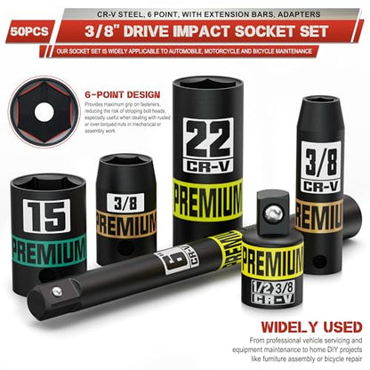 3/8" Drive Impact Socket Set, 50-Piece Standard SAE 5/16 to 3/4 inch and Metric 8-22mm, Cr-V Steel, 6 Point, with Extension Bars and Adapters, for Impact Wrenches, Automotive and Home - size: 3/8" 50pcs