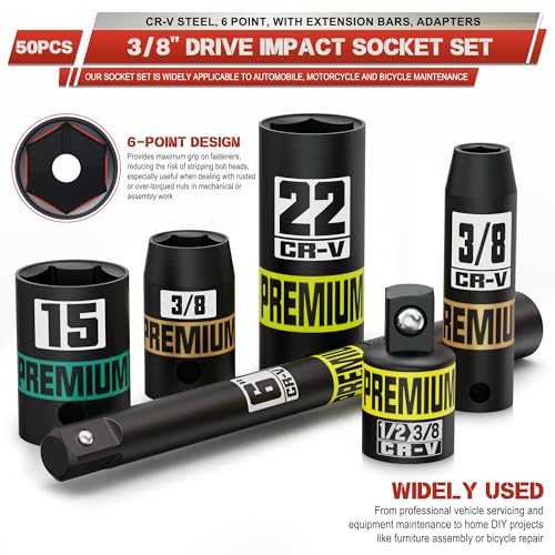 3/8" Drive Impact Socket Set, 50-Piece Standard SAE 5/16 to 3/4 inch and Metric 8-22mm, Cr-V Steel, 6 Point, with Extension Bars and Adapters, for Impact Wrenches, Automotive and Home - size: 3/8" 50pcs