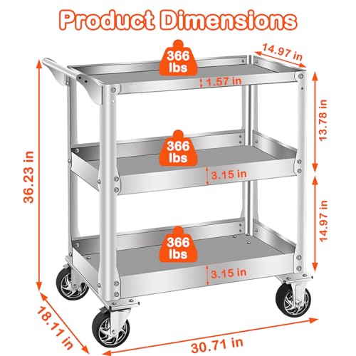 Stainless Steel Utility Cart on Wheels, 3-Tier Tool Cart with Wheels | 1100 lbs Commercial Rolling Service Cart for Garage Workshop Warehouse Mechanic Kitchen, 18.1" D x 30.7" W x 36.2" H