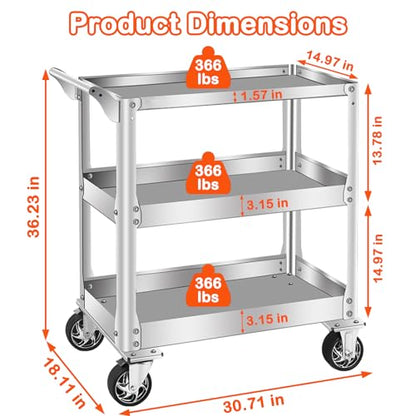 Stainless Steel Utility Cart on Wheels, 3-Tier Tool Cart with Wheels | 1100 lbs Commercial Rolling Service Cart for Garage Workshop Warehouse Mechanic Kitchen, 18.1" D x 30.7" W x 36.2" H