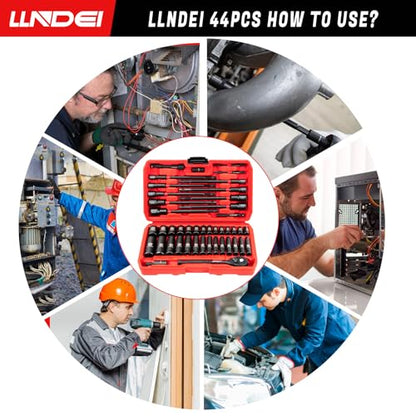LLNDEI 1/4" Drive Socket Set & Nut Driver Set 44PCS, 1/4-Inch Sockets Deep&Shallow Metric(4-15mm) with Ratchet, 1/4" Hex Shank 6" Long Nut Drivers(6-14mm) for Impact Drill Bits(PH1 PH2) - size: 44PCS Metric