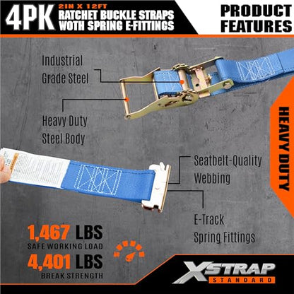 XSTRAP STANDARD 4-PK 2" x 20' E-Track Heavy Duty Ratchet Tie Down Straps | 4,400lbs Break Strength Cargo Securement Straps for Trailers, Trucks, Vans & Motorcycles with Spring Fittings (Blue) - size: Blue-4PK-20FT