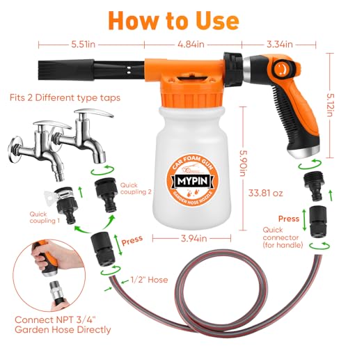 16 IN 1 Car Wash Foam Gun, Foam Cannon for Car Cleaning/Garden | Adjustable Hose Wash Sprayer with 2.5 to 6 Bars Foam Blaster, Wash Mitten&Towel,Use with 1/2” Quick Connector,Garden Sprayer - color: Orange