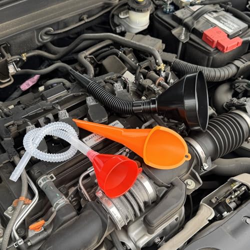 3 Pack Automotive Oil Funnel Set, Wide Mouth Fuel Funnels with Flexible Long Neck, Detachable Spout & Filter for Gas, Water, Coolant, Engine Oil