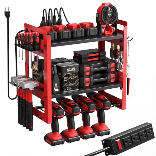 TOPRINCE Power Tool Organizer Wall Mount with Charging Station, 3-Tier Heavy Duty Metal Tool Rack with 4 Drill Holders and 6FT Power Strip, Garage Workshop Storage.Red - color: red