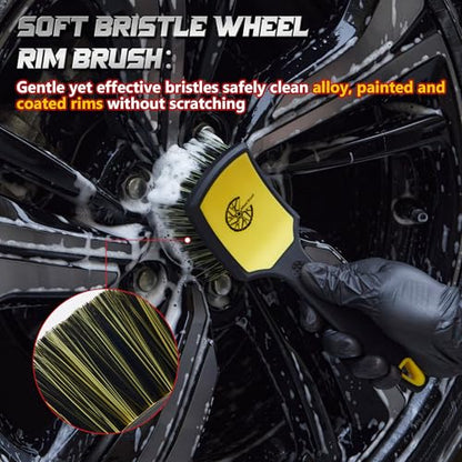 BMLEI Wheel & Tire Brush Set, 2 Pack Car Wheel Brush & Tire Cleaner Brushes, Soft Bristle Rim Brush and Stiff Tire Scrub Brush, Scratch-Free Wheel Cleaning Kit for Car Detailing, Trucks, SUVs - color: Yellow&black