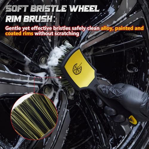BMLEI Wheel & Tire Brush Set, 2 Pack Car Wheel Brush & Tire Cleaner Brushes | Soft Bristle Rim Brush, Stiff Tire Scrub Brush, Scratch-Free Wheel Cleaning Kit for Car Detailing, Trucks, SUVs - color: Yellow&black
