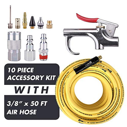 Air Compressor Accessories Kit, 3/8 Inch × 50 Feet Hybrid Air Hose with 1/4 Inch Male NPT Brass Connection, Bend Resistent, 3 Pieces Industrial Air Fittings, Air Blow Gun with 6 Pieces Nozzles