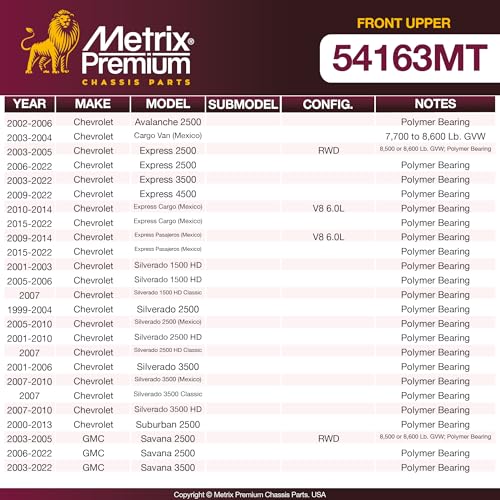Metrix Premium Chassis Parts Ball Joint Fits Chevrolet Avalanche 2500 02-06 | Cargo Van 03-04, Express 2500 RWD 03-05, Express 2500 06-22, GMC Savana 2500 RWD 03-05, Hummer H2 K6696 03-09, Front Upper - size: K6696