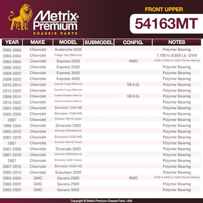 Metrix Premium Chassis Parts Ball Joint Fits Chevrolet Avalanche 2500 02-06 | Cargo Van 03-04, Express 2500 RWD 03-05, Express 2500 06-22, GMC Savana 2500 RWD 03-05, Hummer H2 K6696 03-09, Front Upper - size: K6696