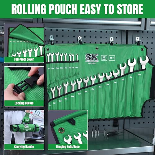 SK Combination Wrench Set, Metric 6 to 32mm, 22-Piece, SuperKrome Finish, Premium CR-V Construction, with Rolling Pouch - size: Metric 6 to 32mm