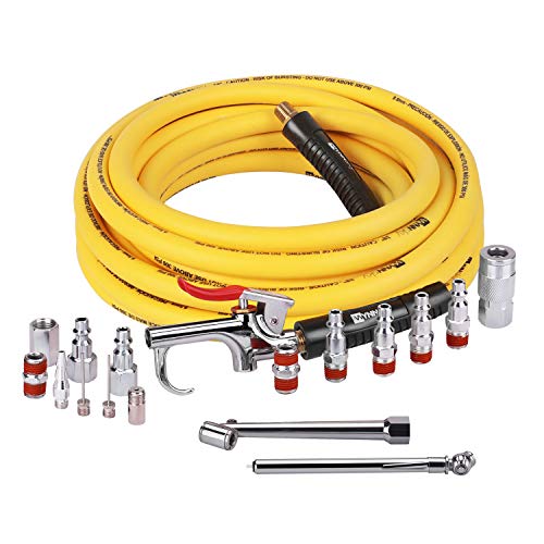 18pc Air Compressor Acc Kit, 3/8" x 25 ft Hybrid Hose with 1/4 NPT M Threads, Quick Connect Fittings, Air Blow Gun Kit, Chuck, Tire Gauge