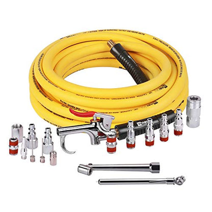 18pc Air Compressor Acc Kit, 3/8" x 25 ft Hybrid Hose with 1/4 NPT M Threads, Quick Connect Fittings, Air Blow Gun Kit, Chuck, Tire Gauge