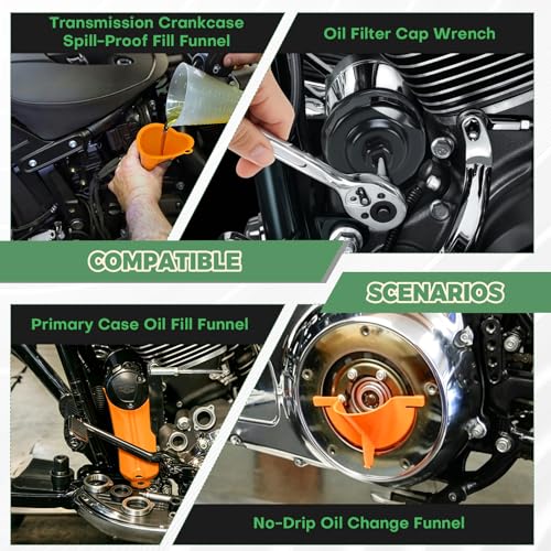 Oil Change Kit Compatible with Harley, Motorcycle Oil Change Funnel | with Filter Cap Wrench, Crankcase Fill Tool, Primary Case Oil Funnel, Drip-Free Filter Tool & 30Pcs 11105 O-Rings
