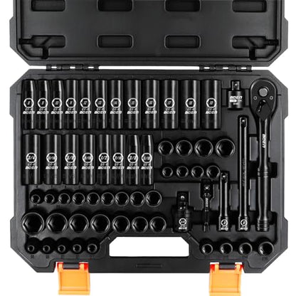 BOEN 3/8" Drive Impact Socket Set, 59-Piece Standard SAE (5/16 to 3/4 inch) and Metric (6-22mm), Include 9-Piece E-Torx Socket Set (E5-E16) 丨Ratchet Handle, Extension Bar, Universal Joint, Adapter