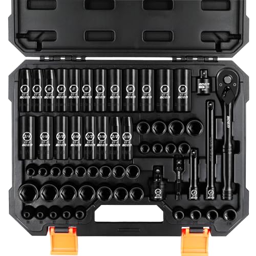 BOEN 3/8" Drive Impact Socket Set, 59-Piece Standard SAE (5/16 to 3/4 inch) and Metric (6-22mm), Include 9-Piece E-Torx Socket Set (E5-E16) 丨Ratchet Handle, Extension Bar, Universal Joint, Adapter