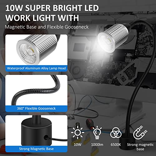 10W Magnetic Machine LED Work Light with Flexible Gooseneck and Magnetic Base, 1000lm, 6500k Magnetic Base Tool Lamp for Work Bench, lathe, Sewing Machine, Grill, Shop, Industrial Lighting