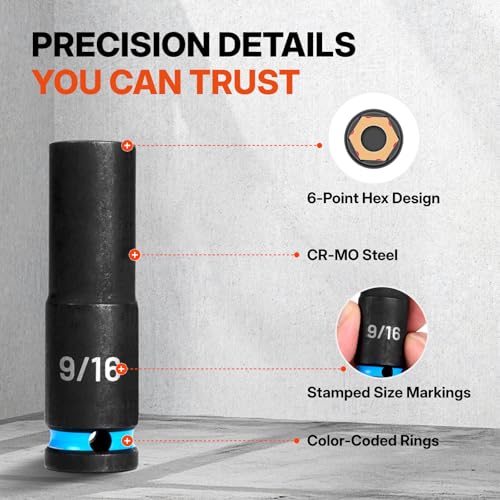 BLACK CANYON 12-Piece 1/2" Drive Deep Impact Socket Set, SAE 6-Point Sockets, Cr-Mo Impact Grade Steel, Heavy-Duty Storage Case for Automotive, Truck & Equipment Repair - size: 12 Piece