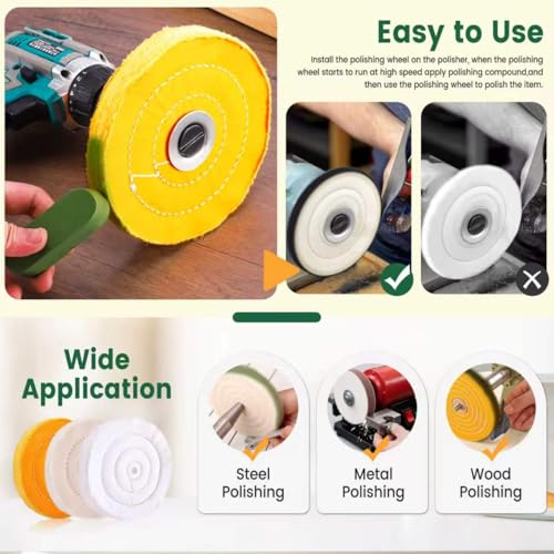 8 Inch Buffing & Polishing Wheel Kit for Bench Grinder, 1/2" Arbor Hole, 3 Polishing Wheels Yellow/White/Flannel with 3 Buffing Compound Set,Polishing Rouge Bar,Metal Aluminum Finishing Kit - style: 6pcs-8inch