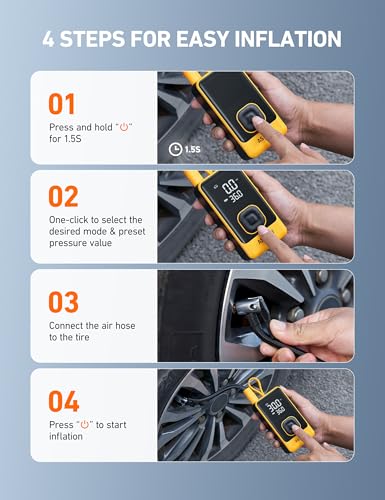 AstroAI L7 Air Tire Inflator Portable Air Compressor, 150PSI Electric Cordless Car Pump with Digital Gauge, Fast 1-Min Inflation, Auto Shutoff, LED Light for Car, SUV, Motorcycle & Bike Tires, Yellow