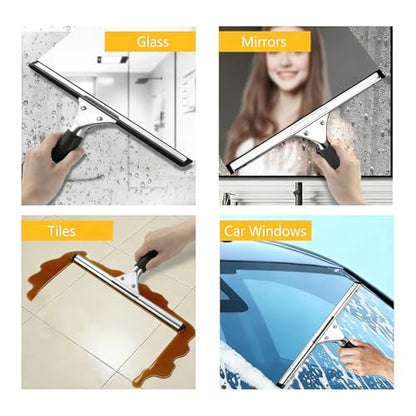 14-Inch Shower Squeegee for Glass Doors, Windows and Mirrors, Stainless Steel Bathroom Water Wiper with Flexible Blade and Ergonomic Handle - color: Black+silver