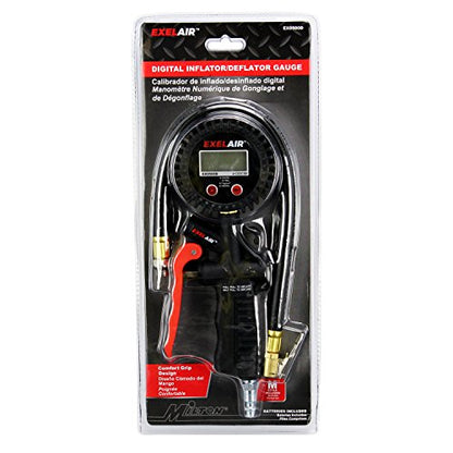EXELAIR Digital Pistol Grip Tire Inflator Gauge EX0500D, Easy Clip Air Chuck, Easy to Read 0.1 Display, Pistol Grip Handle, 100 PSI Max Pressure, 16" Air Hose, 1/4" NPT (PSI, kPa, Bar, and kg/cm2)