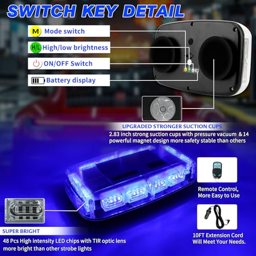 Rechargeable Blue Emergency Roof Top Strobe Light Wireless Battery, 48LED 17 Flashing Modes,High Low Brightness,Hazard Traffic Lights w/Magnetic Base, Remote Control for Construction Vehicles - color: Blue