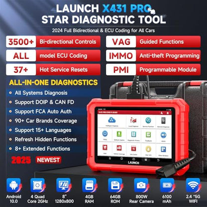 LAUNCH X431 PRO Star Bidirectional OBD2 Scanner with ECU Coding | Full-system diagnostics with 38+ service functions, CAN FD, DoIP and FCA AutoAuth coverage for compatible vehicles.