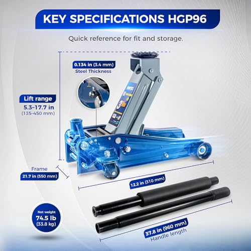Hantec Floor Jack 3-Ton (6,600 lbs) Low Profile Hydraulic Trolley Jack HGP96 – Rapid Lift Pump, Max Height 17.7", Built-in Safety Valve & 360° Swivel Saddle for Cars, SUVs and Trucks