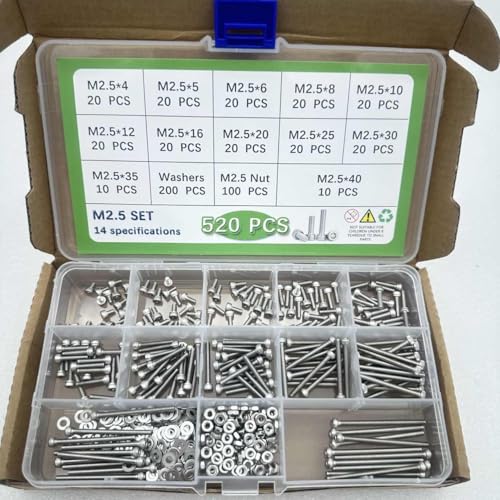 Button Head/Hex Socket/Phillips Flat Head Screws Assortment - Furniture, Auto, Home Repair Fastener Kit (520 PCS M2.5 Hexagon Screws Set) - color: 520 PCS M2.5 Hexagon Screws Set