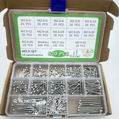 Button Head/Hex Socket/Phillips Flat Head Screws Assortment - Furniture, Auto, Home Repair Fastener Kit (520 PCS M2.5 Hexagon Screws Set) - color: 520 PCS M2.5 Hexagon Screws Set