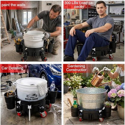 Heavy-Duty Bucket Dolly with Wheels,5 Gallon Bucket Roller with Locking Casters & Secure Clamp,Rolling Bucket Cart for Cleaning, Gardening,Industrial Use,300Lbs,Equipped with three detachable brackets - color: Black2