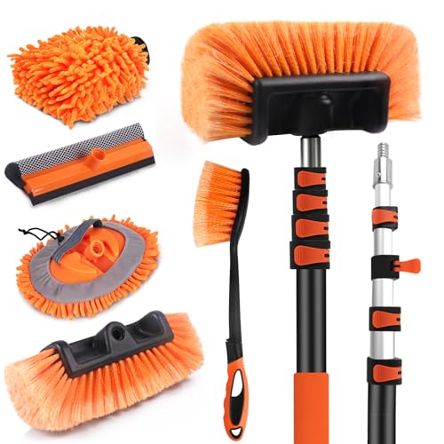 18 FT Reach Car Wash Brush with Long Handle, Car Cleaning Kit with 3-12FT Extension Pole, Soft Bristle Brush, Chenille Microfiber Cleaning Mop&Mitt, Window Squeegee, Wheel Brush for RV, Truck