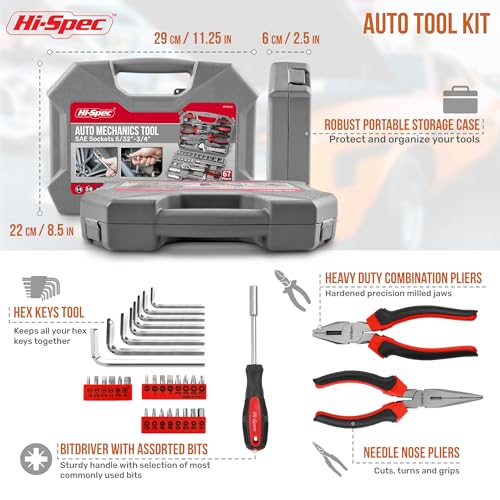 Hi-Spec Tools 67pc SAE Auto Mechanics Hand Tool Kit Set. Complete Car, Motorcycle, Engine & Garage Repairs with Sockets, Ratchet Wrench, Pliers & More - size: SAE_67 PCS