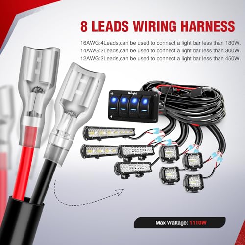 Nilight 16AWG 14AWG 12AWG LED Light Bar Wiring Harness Kit 12V On/Off 4 Gang Rocker Switch Panel Power Relay Blade Fuse 5Pin Toggle Switches for Cars Boat ATV Trucks-8 Leads - color: 4Gang Rocker Switch 16AWG Wiring Harness