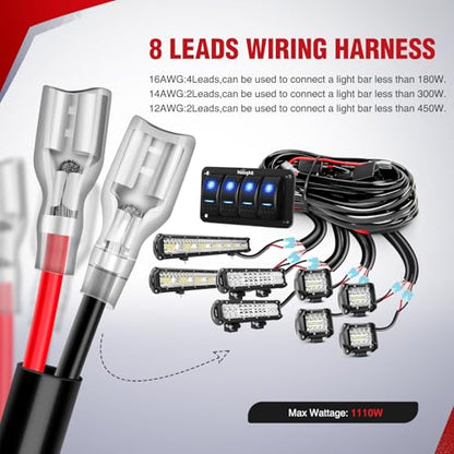 Nilight 16AWG 14AWG 12AWG LED Light Bar Wiring Harness Kit 12V On/Off 4 Gang Rocker Switch Panel Power Relay Blade Fuse 5Pin Toggle Switches for Cars Boat ATV Trucks-8 Leads - color: 4Gang Rocker Switch 16AWG Wiring Harness