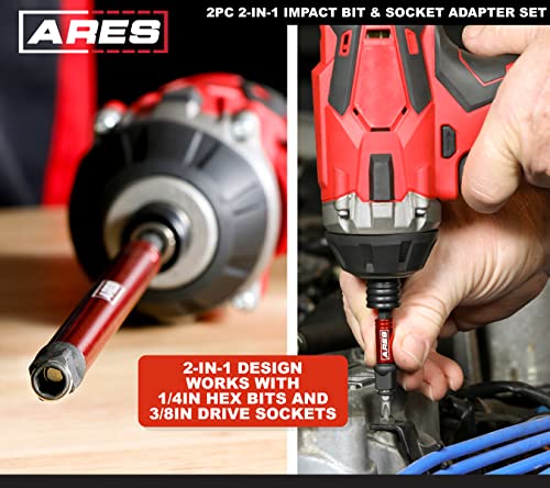 ARES 22027 – 2-in-1 Impact Bit and Socket Adapter Set – 3-Inch and 8-Inch Adapters - Unique Design Holds Standard 1/4-Inch Hex Bits and 3/8-Inch Drive Sockets – Spinning Sleeve Stabilizes Adapter - size: 2pc 2-in-1 Impact Bit and Socket Adapter Set