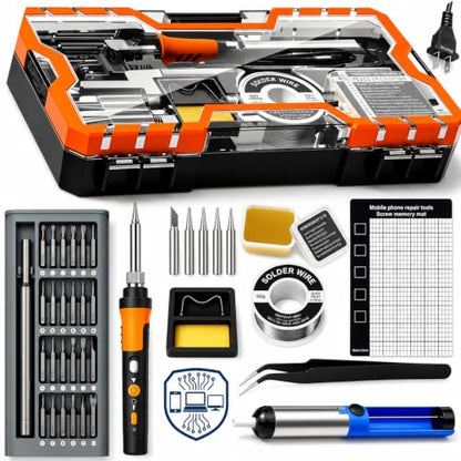 Soldering Iron Kit, Pro-Grade full solution in 1 combo 60W fast heating Adjustable Temp 12-in-1 DIY Electronics repair Tool kit, 24-in-1 Screwdriver set, magnetic mat, technician tested 110V
