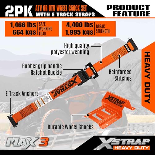 XSTRAP STANDARD 2-Pack Wheel Chock E-Track Tie Down Straps Kit, 2" x 9FT | 4,500lb Break Strength Over-The-Tire Ratchet Straps with Steel Wheel Chocks for ATV, UTV, Lawn Mower, Trailer Hauling, Orange - size: Orange-2PK-9FT