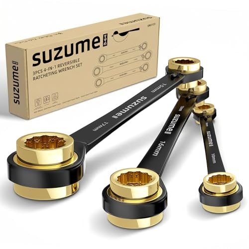 SUZUME 4 in 1 Ratchet Wrench 3-Piece Metric Reversible Ratcheting | 8,9,10,11,12,13,16,18,14,15,17,19mm with Storage Bag and EVA Foam 15K Gear Cycles for Vehicle Motorcycle Engine Bike DIY - size: Metric